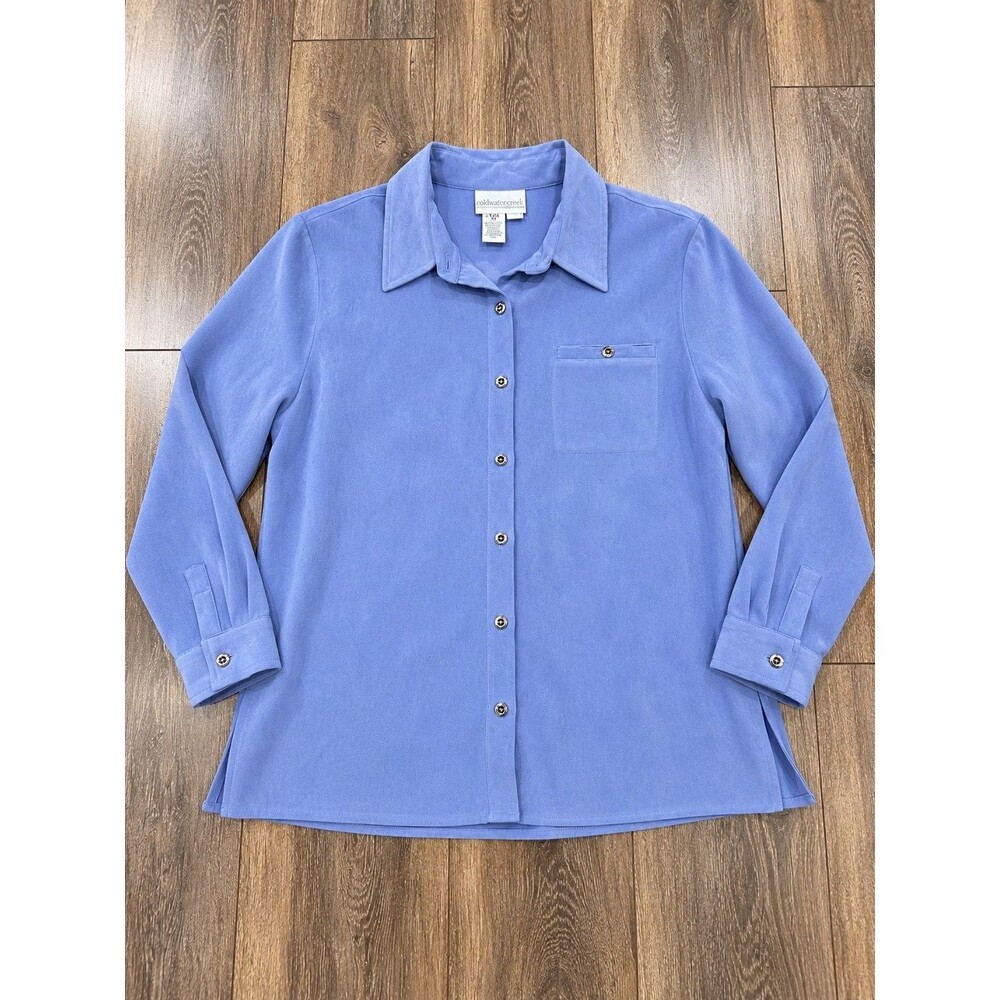 Vintage Realcomfort Chadwick's 12P Blue Faux Suede Button Down Shirt Petite Y2K